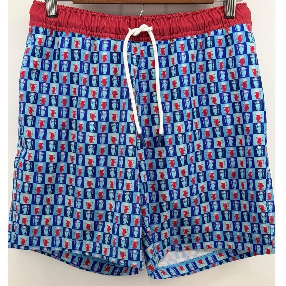 SSCO Mens Blue Red Solo Cup Checkered Swim Shorts Trunks Size Small 6 Inseam